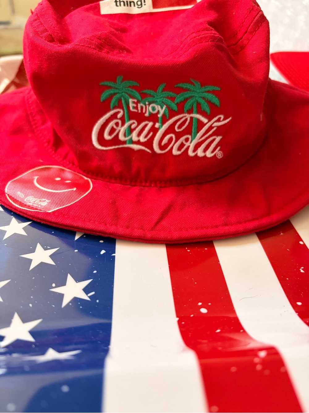 American Needle Red Kids Bucket Hat with Green Palm Embroidery